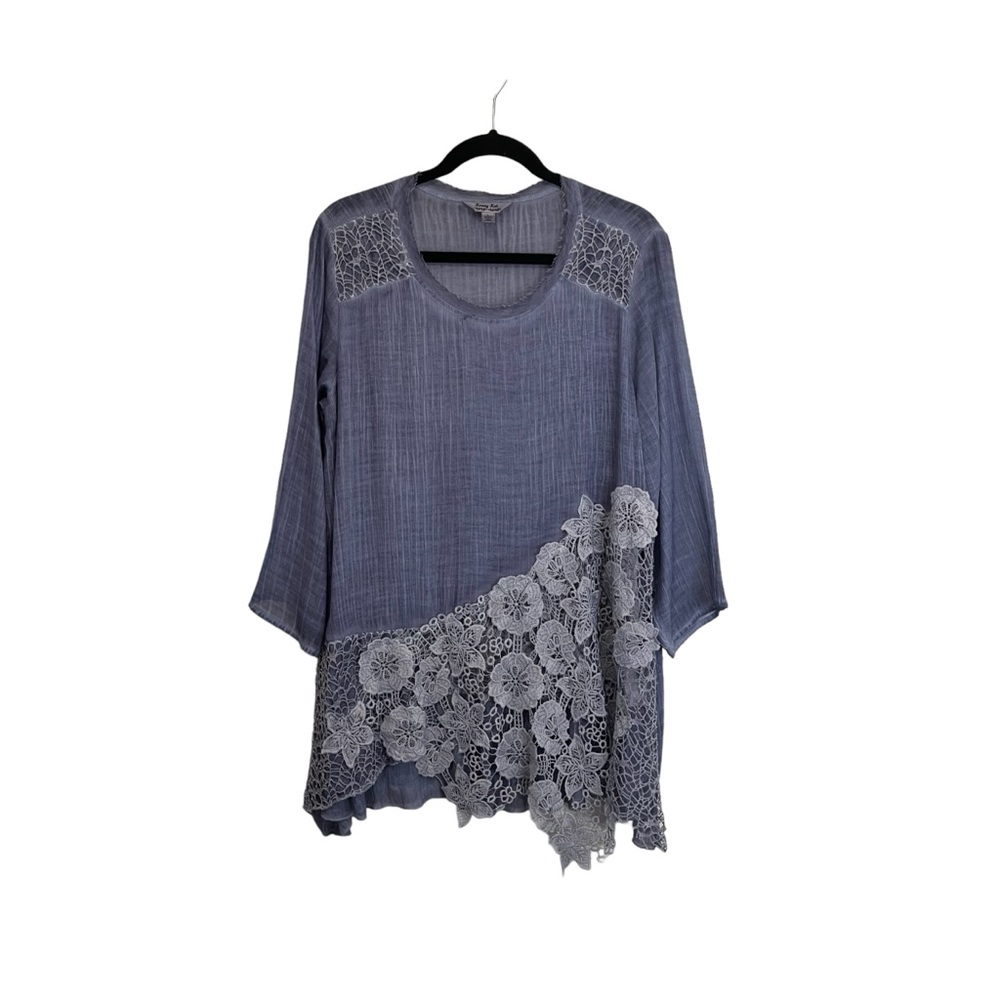 Krazy Kat Blue Lightweight Floral Applique Hem 3/4 Sleeve Tunic Top Women Size L